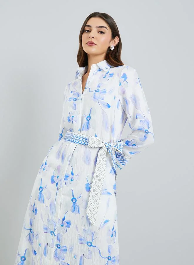 Styli  Women Blue Floral Print Collared A-Line Maxi Dress for Women | Best Price UAE